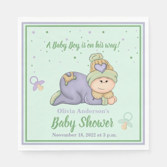 Snuggle Baby Boy - Green & Lila Baby Dusche Serviette (Vorderseite)