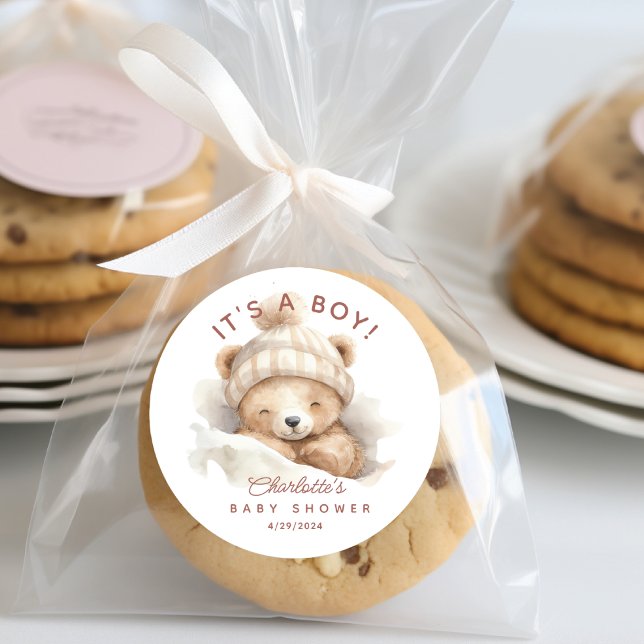 Snuggle Bear Baby Dusche Es ist ein Junge Runder Aufkleber (Von Creator hochgeladen)