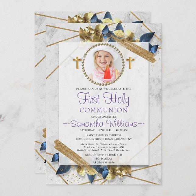 So elegant Foto Erste Kommunion Einladung (Vorne/Hinten)