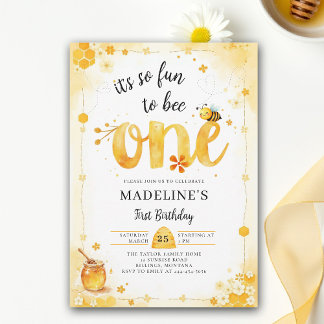So Fun Bee One Aquarell Blumen Süß 1. Geburtstag Einladung