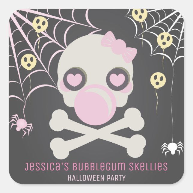 SO NIEDLICH PINK BUBBLEGUM SKELLIES HALLOWEEN-PART QUADRATISCHER AUFKLEBER (Vorderseite)