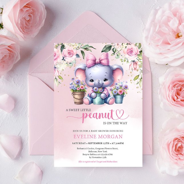 So niedlicher Elefant kleine Erdnuss Pastellpink B Einladung (Sweet Little Peanut Girl Baby Shower Invitation Digital Editable Template)