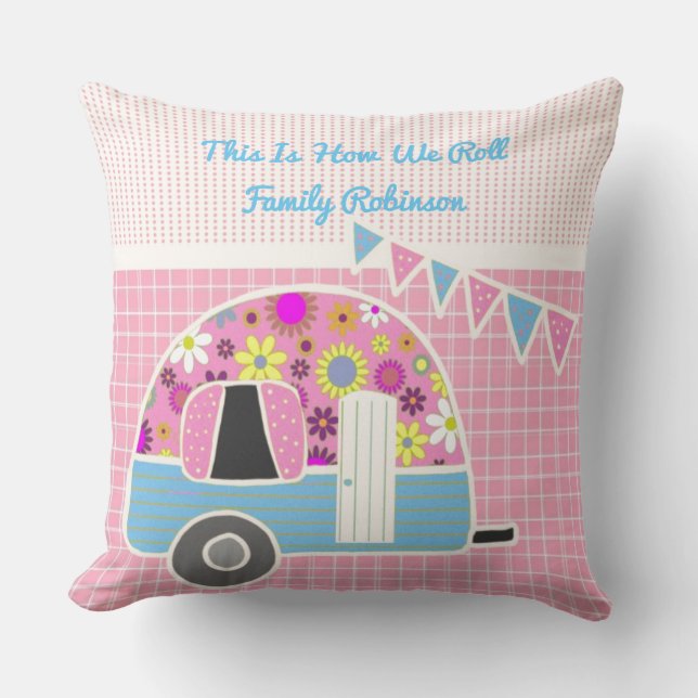 So rollen wir Pink Blue Campervan Retro Niedlich Kissen (Vorderseite)