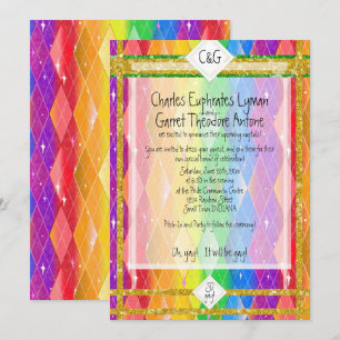 SO schwul! Regenbogen-Argyle, Glitter-Monogramm Ho Einladung