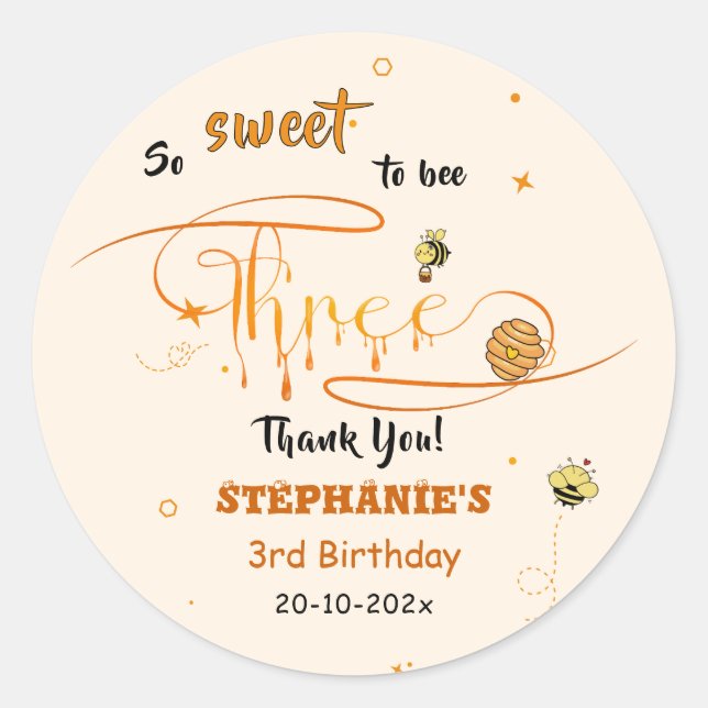 So Sweet To Bee Three Cute Honey Bee 3rd Birthday Runder Aufkleber (Vorderseite)