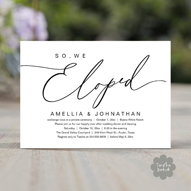 So, We Eloped, Romantic Wedding Elopement Party Einladung (So, We Eloped, Modern Romantic Wedding Dinner Brunch Lunch Party Invitation Card PDF Black White)