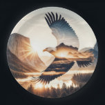 Soaring Bald Eagle Over Mountain Valley Lake Pappteller<br><div class="desc">A bald eagle soars gracefully over a picturesque mountainous landscape at sunrise,  with a double-exposure effect,  and sun rays create a halo around the eagle,  adding a sense of majesty</div>