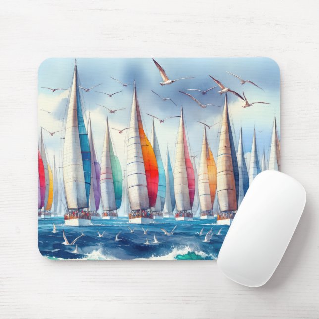 Soaring Seagulls With Sailboat Regatta Mousepad (Mit Mouse)