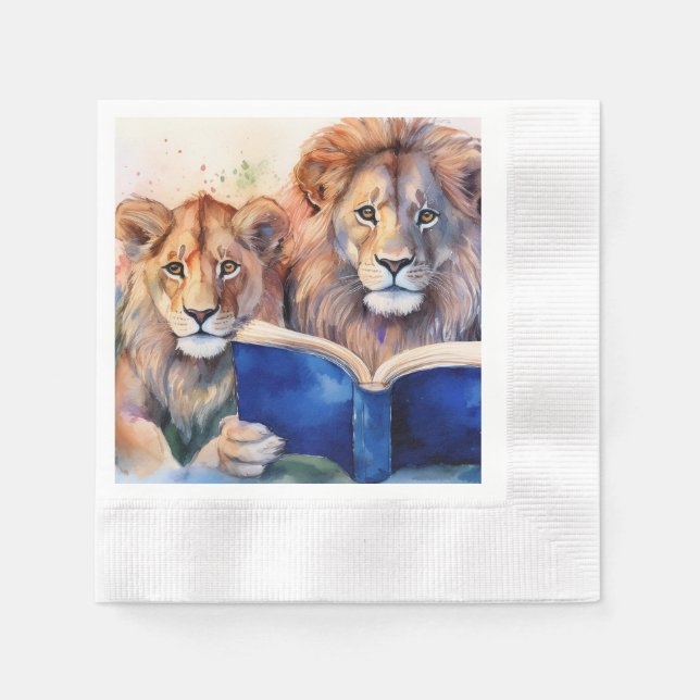 Sober Lion and Cub Reading Big Book Serviette (Vorderseite)