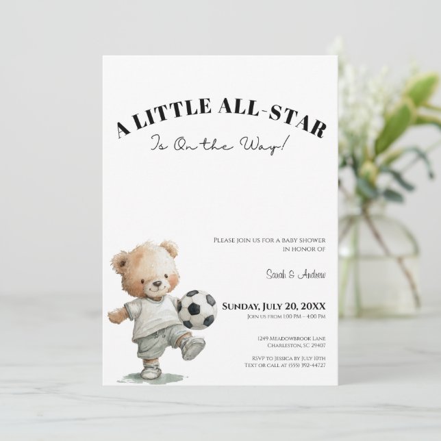 Soccer Baby Shower Invitation | A Little All-Star Einladung (Stehend Vorderseite)