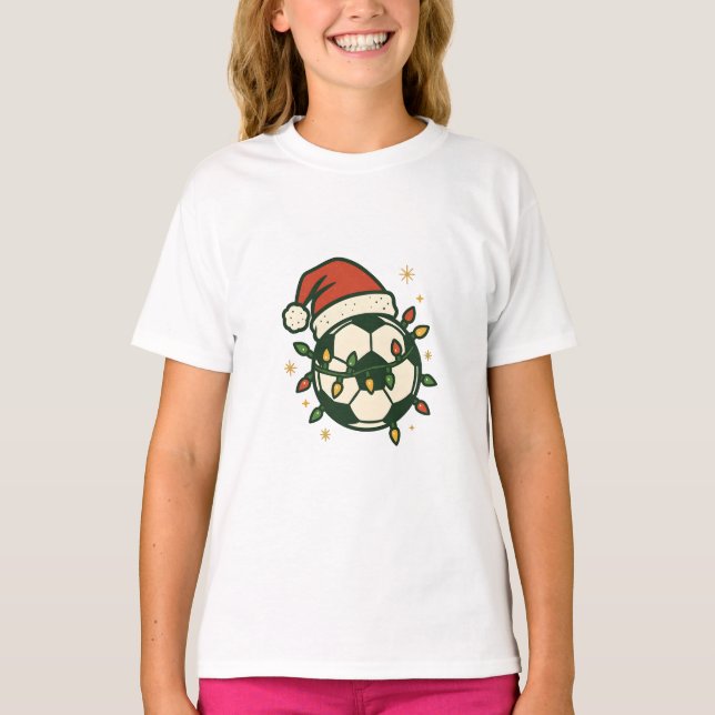 Soccer Ball Christmas Lights Santa Hat Funny  T-Shirt (Vorderseite)