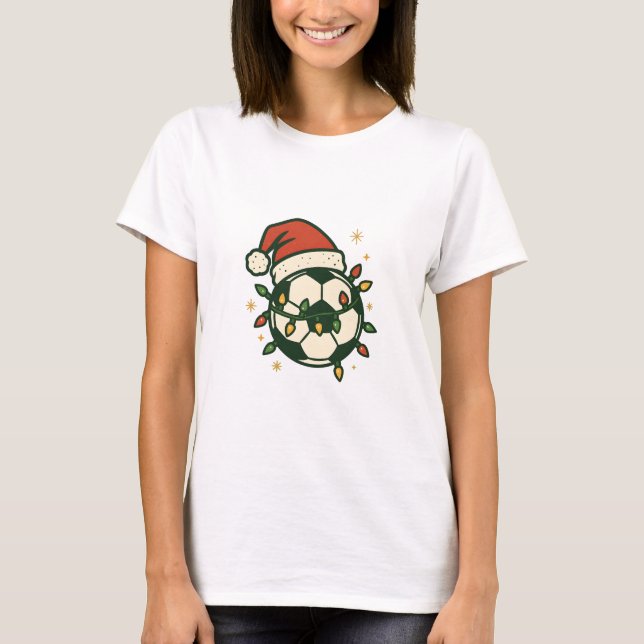 Soccer Ball Christmas Lights Santa Hat Funny  T-Shirt (Vorderseite)