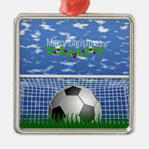 Soccer ball in the net, Merry Christmas, Ornament Aus Metall