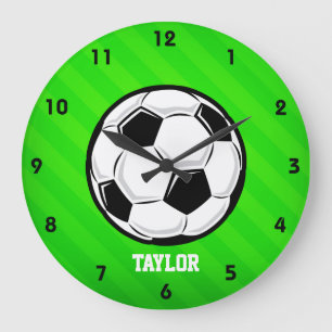 Soccer Ball; Neon Green Stripes Große Wanduhr