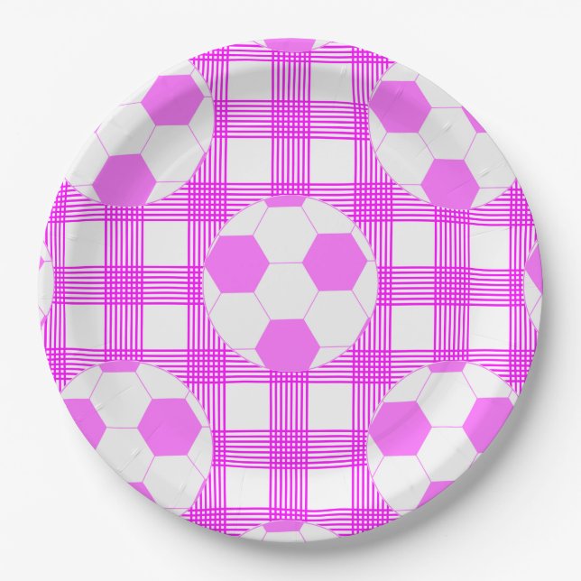 Soccer Ball Plaid Pattern In White and Pink Pappteller (Vorderseite)