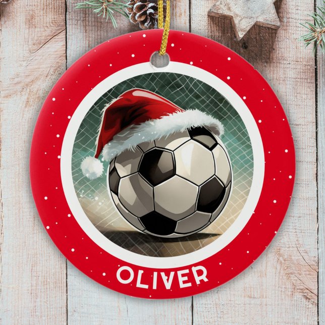 Soccer Ball Rote Weihnachtsmannmütze Weihnachtskid Keramik Ornament (Von Creator hochgeladen)