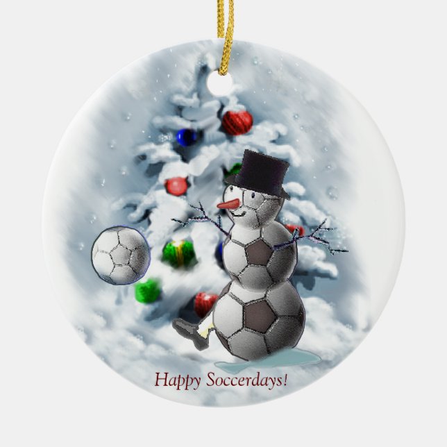 Soccer Ball Snowman Weihnachten Keramikornament (Vorne)