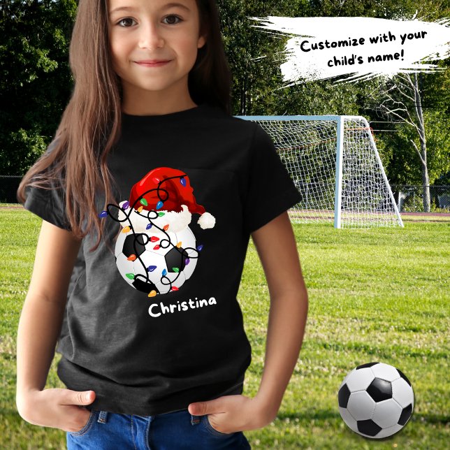 Soccer Ball Weihnachtslicht Weihnachtsmannmütze Ki T-Shirt (Von Creator hochgeladen)