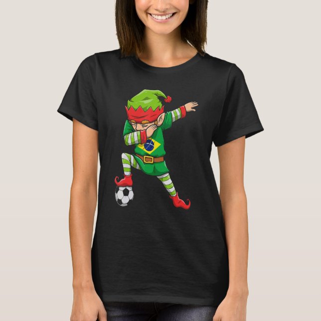 Soccer Boy Dabbing Elf Squad Weihnachten Brasilien T-Shirt (Vorderseite)