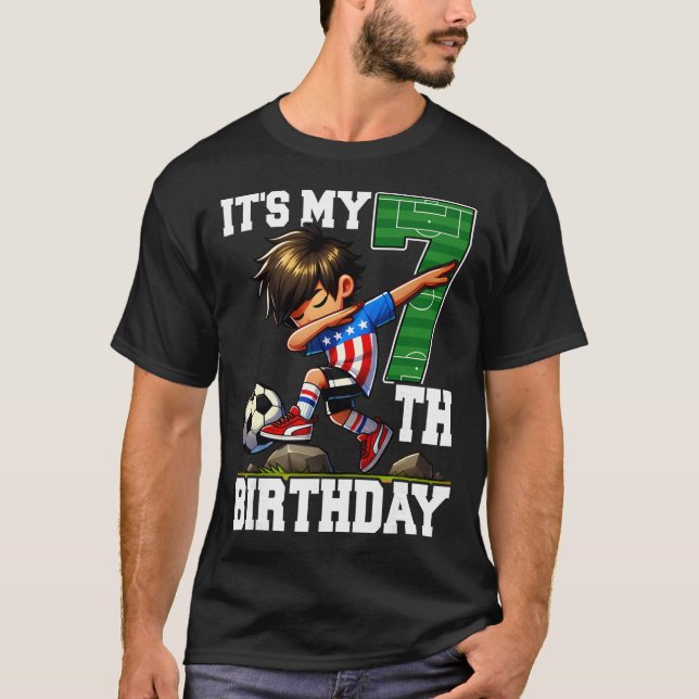Soccer Boy It's My 7th Birthday American Flag  T-Shirt (Vorderseite)