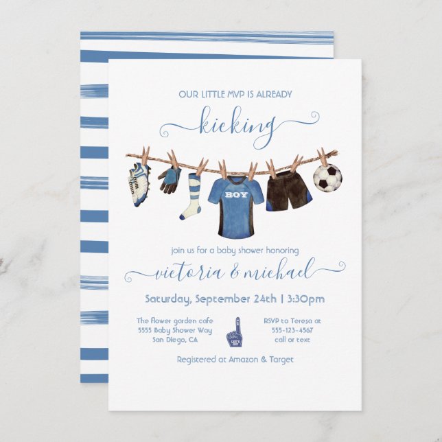 Soccer Clothesline Kinderdusche Einladung (Vorne/Hinten)