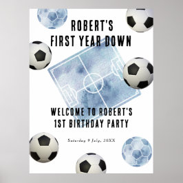Soccer First Year Down 1st Birthday Party Poster
