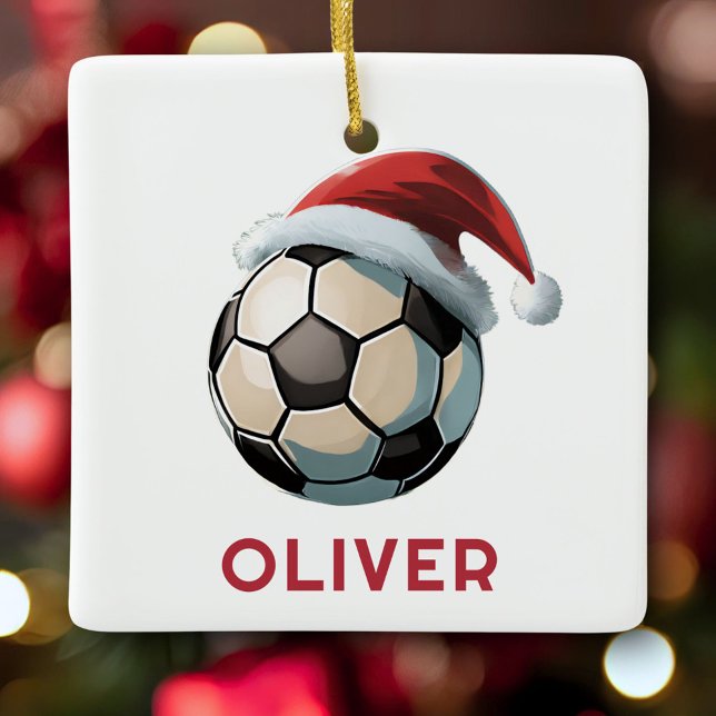 Soccer Football Ball Red Santa Hat Name Christmas  Keramikornament (Von Creator hochgeladen)