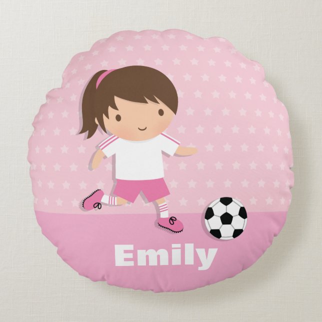 Soccer Footballer Pink Girls Room Decor Pillow Rundes Kissen (Vorderseite)