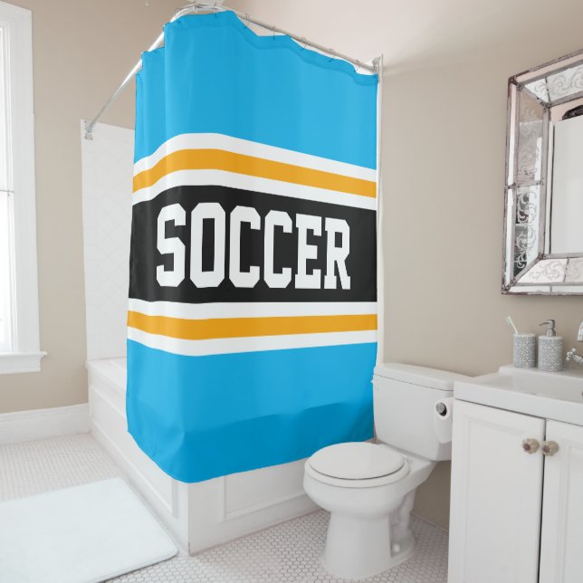SOCCER Fun Athletic Sky Blau Gelbe Streifen Duschvorhang (Beispiel)
