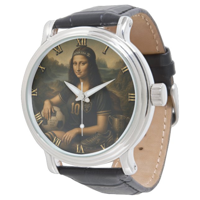 Soccer Funny Mona Lisa Armbanduhr (Schrägansicht)
