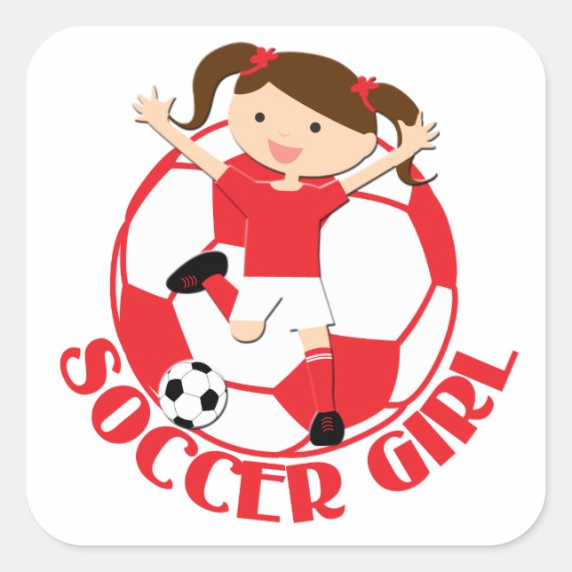 Soccer Girl 1 und Ball Rot und Weiß v2 Quadratischer Aufkleber (Vorderseite)