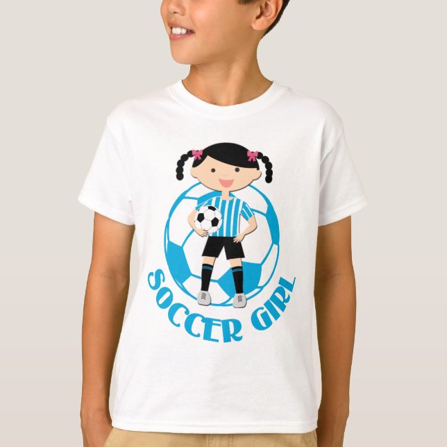 Soccer Girl 2 Ball Blau und Weiße Streifen v2 T-Shirt (Vorderseite)