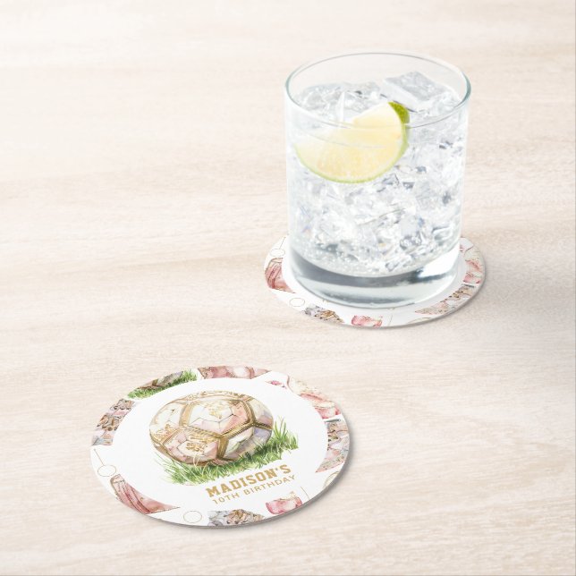 Soccer Girl Birthday Personalisiert Rosegold Runder Pappuntersetzer (Vor Ort)