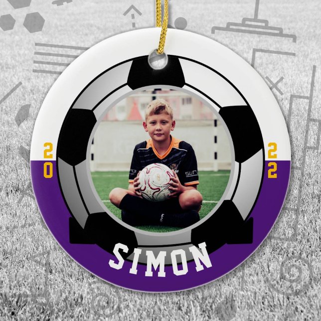 Soccer Lila White Team Colors Keramik Ornament (Purple and White Soccer Let's Go Team Ornament. Celebrate your high school or college athlete.)