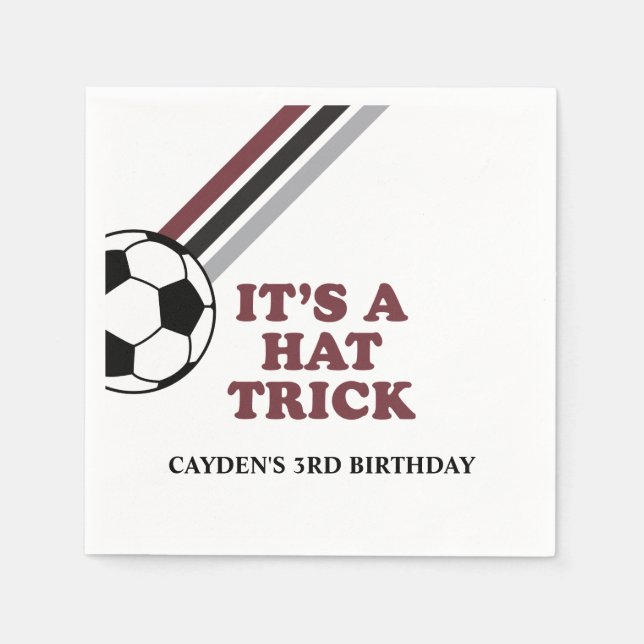 Soccer Maroon Stripes Hat Trick 3. Geburtstag Serviette (Vorderseite)