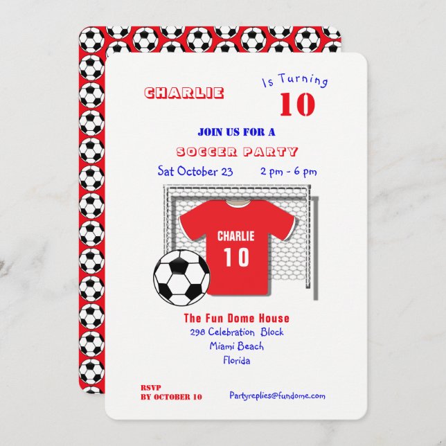 Soccer Party Red Soccer Shirt Personalisiert Einladung (Vorne/Hinten)