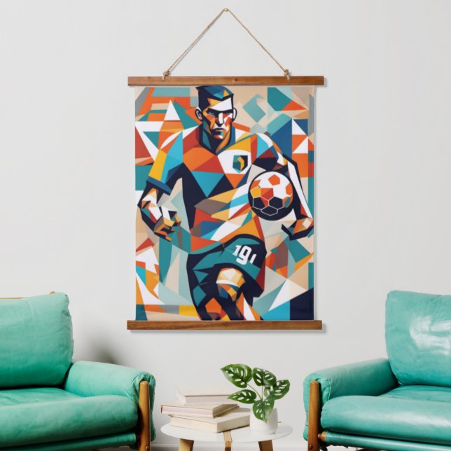 Soccer Player Cubist Wall Tapestry Wandteppich Mit Holzrahmen (Wohnzimmer)