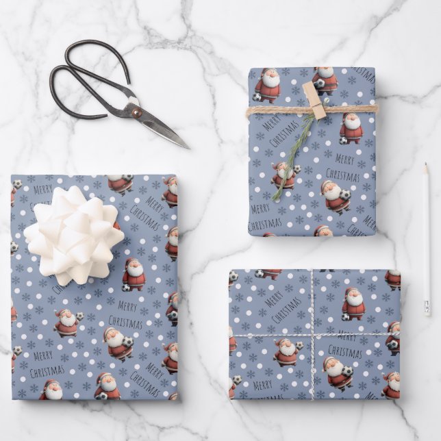 Soccer Santa on Dark Gray-Blue Geschenkpapier Set (Vorderseite)