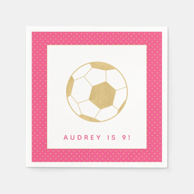 Soccer Star Pink und Gold Personalisiertes Party Serviette (Vorderseite)