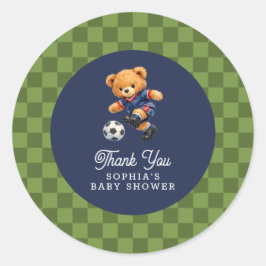 Soccer Teddy Bear Checkboard Retro Baby Shower Runder Aufkleber