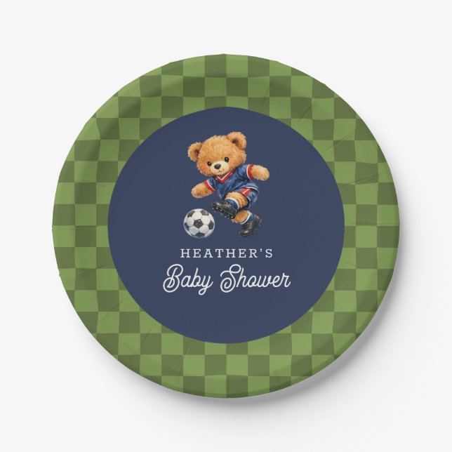 Soccer Teddy Beary Checkboard Retro Baby Shower Pappteller (Vorderseite)
