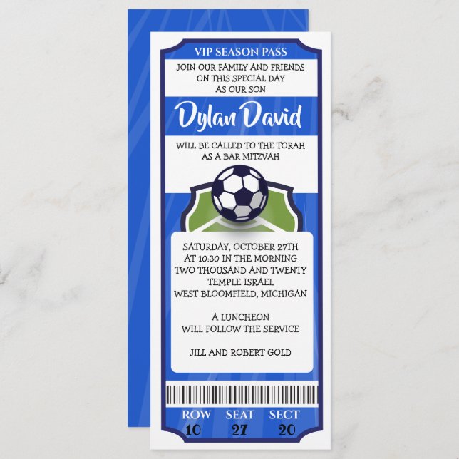 SOCCER TICKET Bar Bat Mitzvah Einladung (Vorne/Hinten)