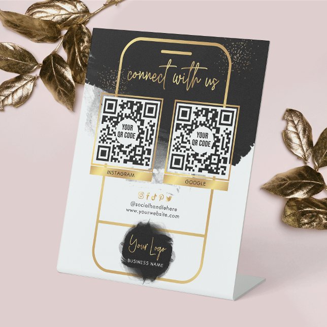 Social Media 2 QR Code Leave a Review Black & Gold Sockelschild (Scannable 2 QR code Business Pedestal Sign in a black and gold design)