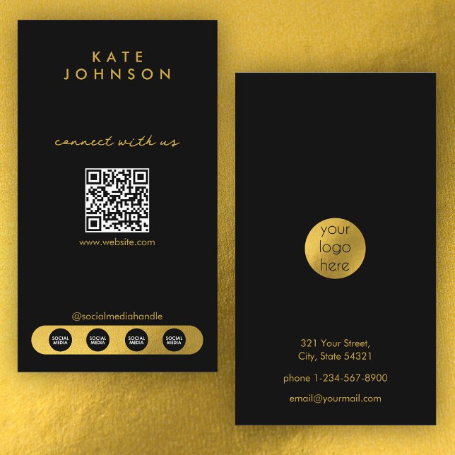 Social Media Connect mit uns für das Black Gold Lo Visitenkarte (Black Gold Logo Social Media Connect With Us Business Card)