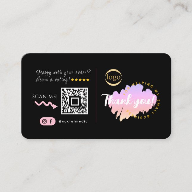 Social Media Custom QR Code Logo Danke Black Visitenkarte (Vorderseite)