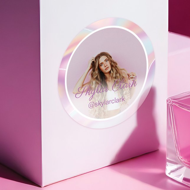 Social Media Foto Pink Pastel Hologram Runder Aufkleber (Social Media Photo Pink Pastel Hologram Classic Round Sticker)