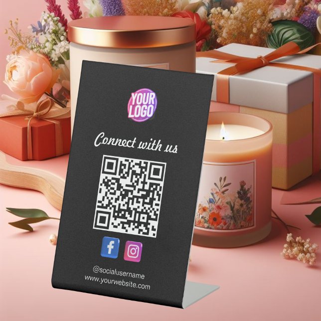 Social Media mit QR Code Black Business Card Sockelschild (Von Creator hochgeladen)