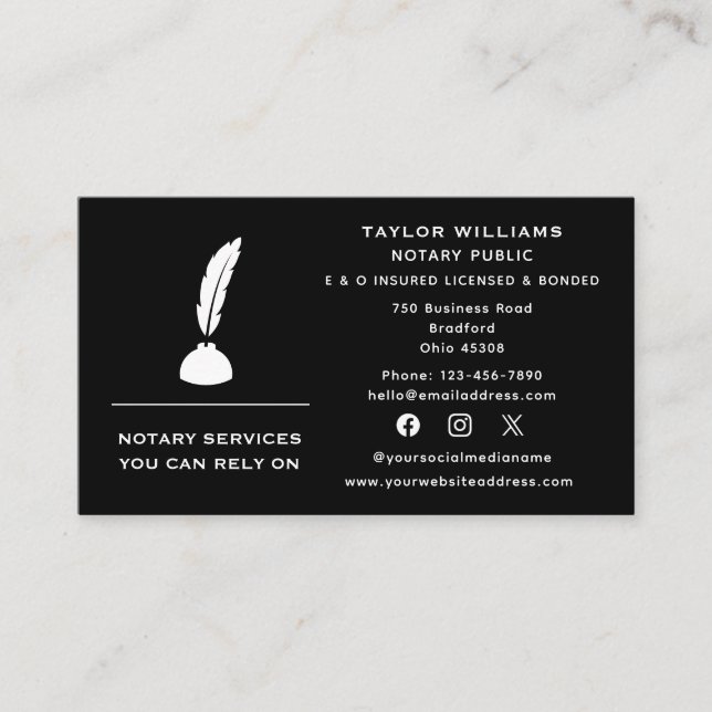 Social Media Mobile Notary Public Quill Feaaather Visitenkarte (Vorderseite)