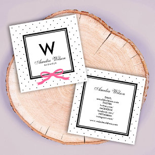 Social Media Polka Dock Pink Ribbon Monogram Quadratische Visitenkarte