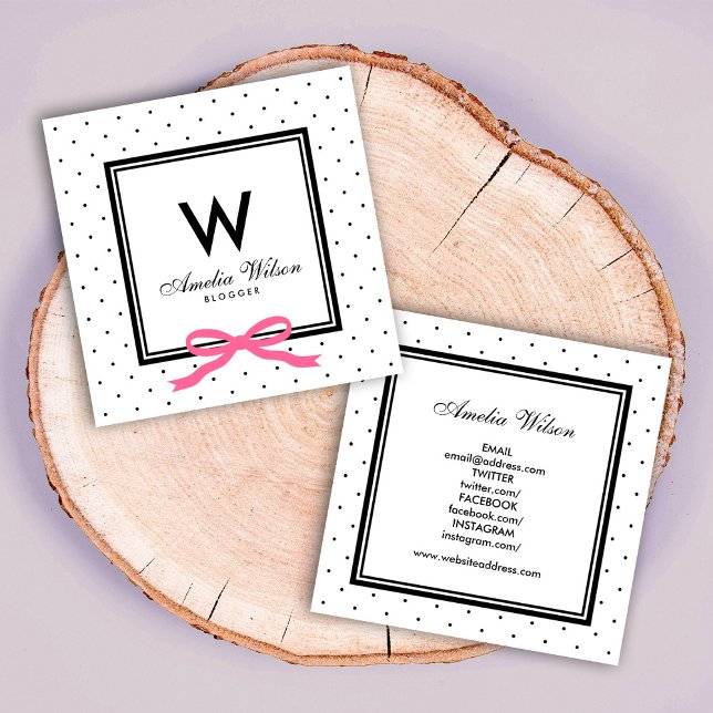 Social Media Polka Dock Pink Ribbon Monogram Quadratische Visitenkarte (Von Creator hochgeladen)